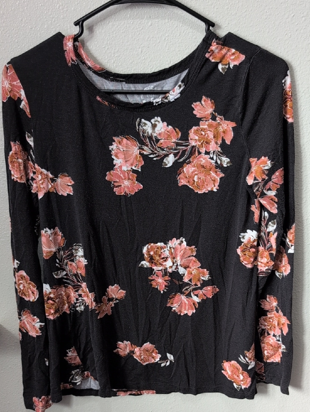 Long Sleeve Floral Tee - Black with Pink Blossoms
